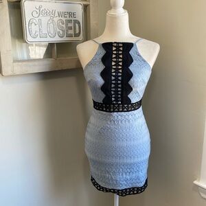 TOPSHOP Petite Mesh Lace Overlay Back Cut-Out Dress Baby Blue Navy Blue NWT